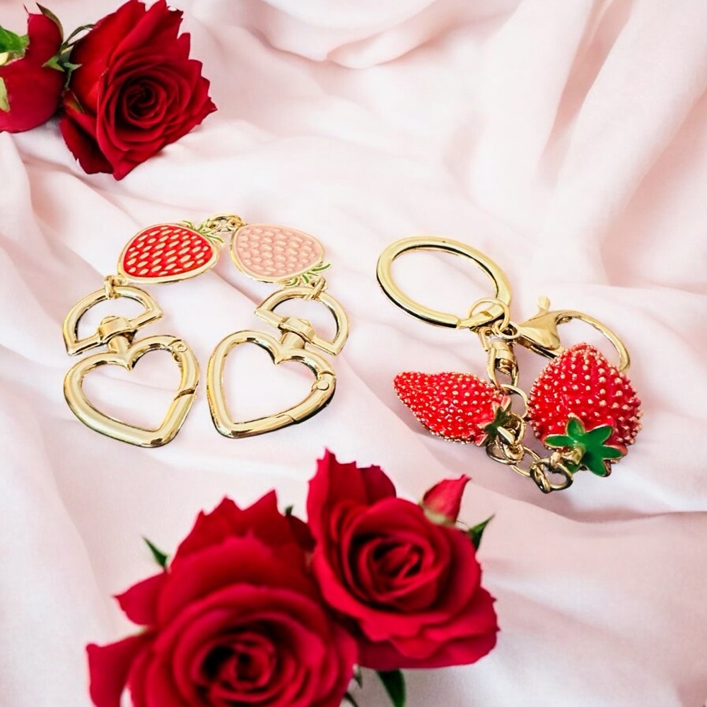 Strawberry & Hearts Bag Charm & Keychain with Red & Pink Charms Gold Chain - Picture 6 of 8